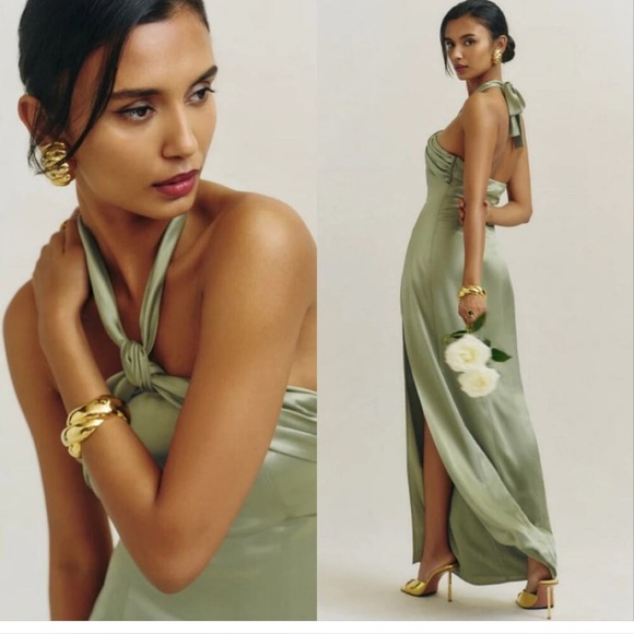 REFORMATION Kavi Satin Maxi Dress Artichoke Green size 10 NEW - Picture 1 of 7